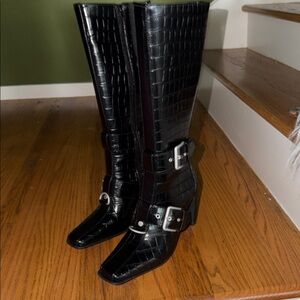 Black faux Croc-Embossed Mid-Calf Buckle Boots - Women's